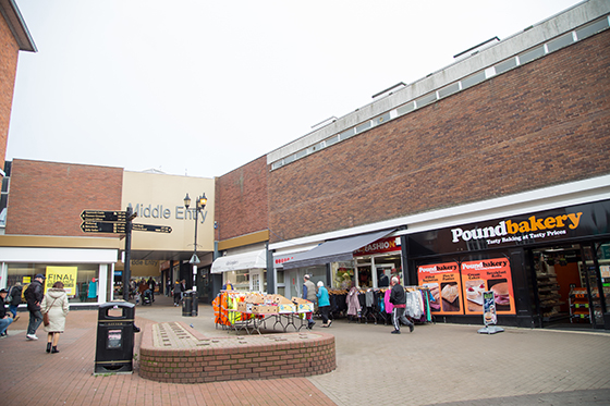Middle Entry shops from St Editha's Square