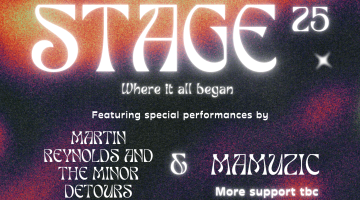 poster with dark and gold background with wording about The Stage event