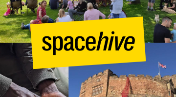 A yellow spacehive logo in the middle of the image. Above is a picture of lots of people sitting on grass. Under this to the left is some hands crafting something and on the right is Tamworth Castle.