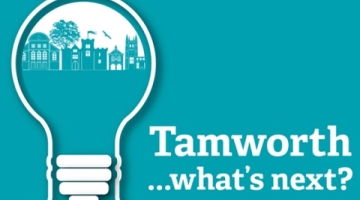 Teal image with a lightbulb on the left with a graphic image of Tamworth inside
