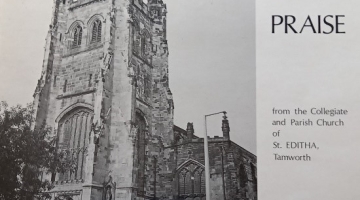 black and white record album cover from Songs of Praise with a photo of St Editha's church